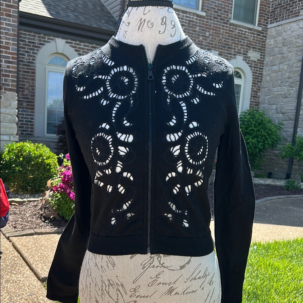 Alice + Olivia Black Embroidered Bomber Jacket